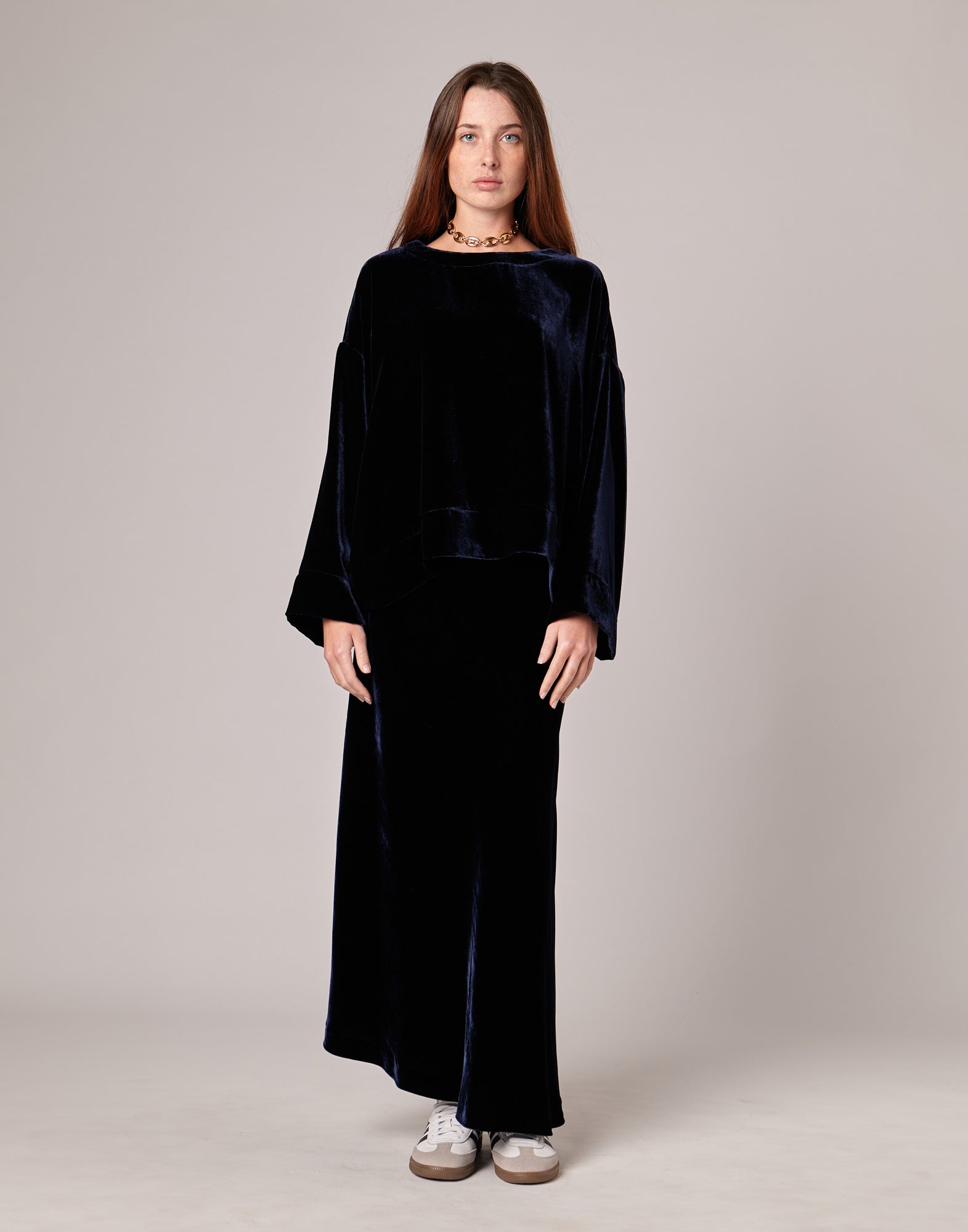 DOUUOD Casacca Ampia in Velluto Fluido Misto Seta Blu Notte