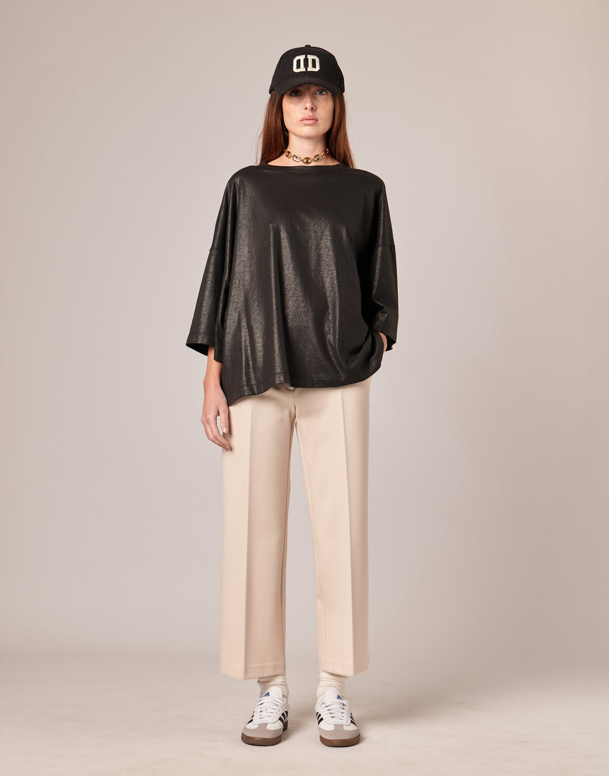 DOUUOD Pantalone Lungo Flair in Punto Milano Stucco