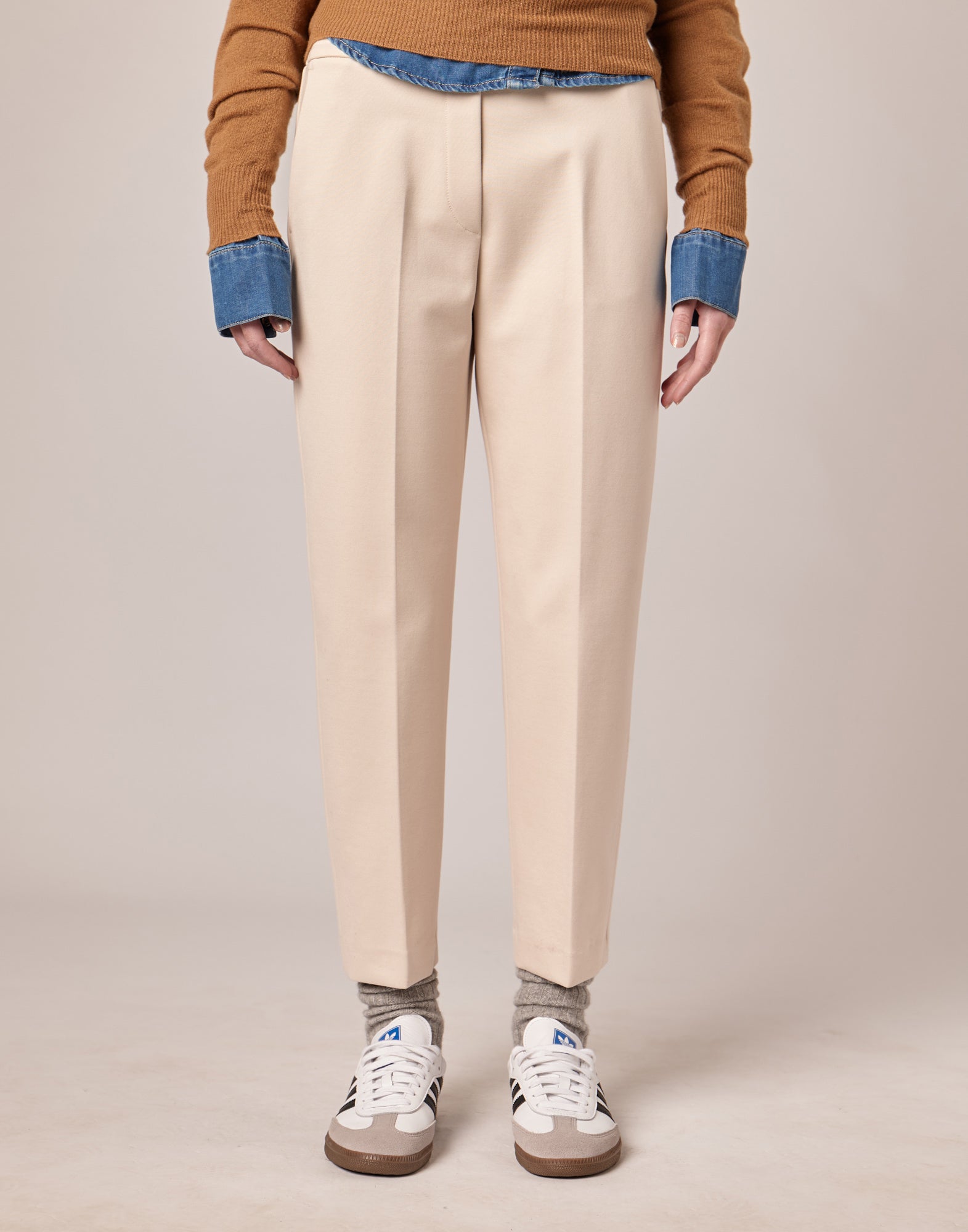 DOUUOD Pantaloni Lunghi con Elastico in Punto Milano Stucco