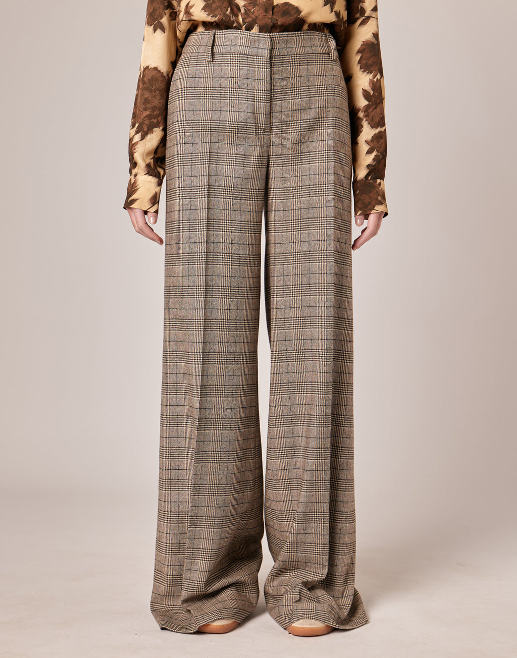 DOUUOD Pantaloni Ampi a Vita Alta in Prince of Wales Comfort