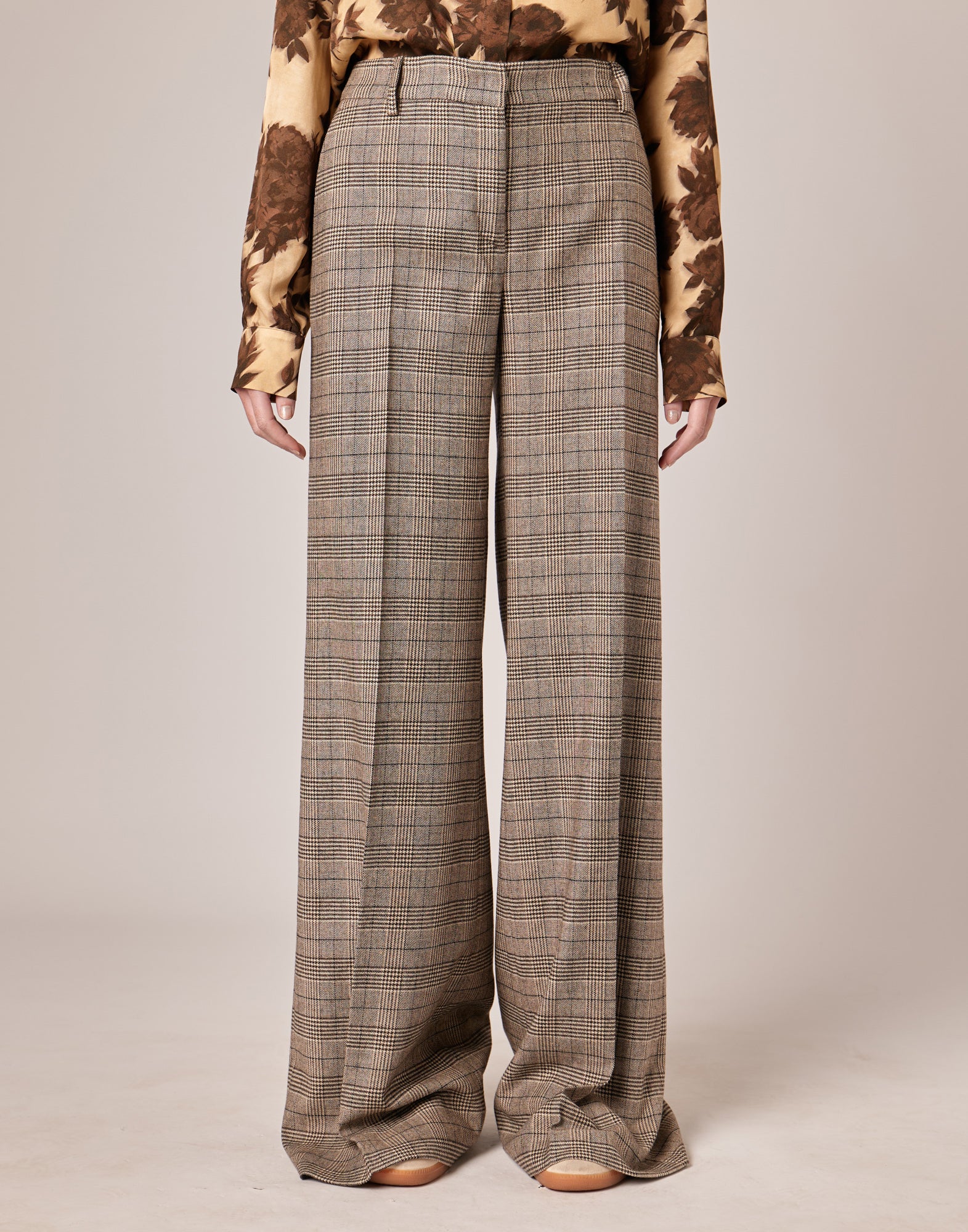 DOUUOD Pantaloni Ampi a Vita Alta in Prince of Wales Comfort