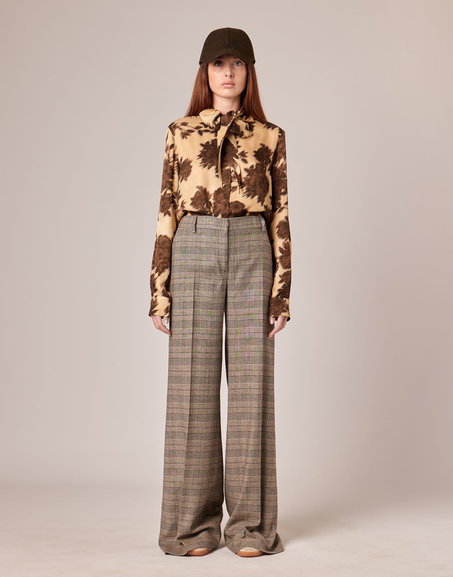 DOUUOD Pantaloni Ampi a Vita Alta in Prince of Wales Comfort