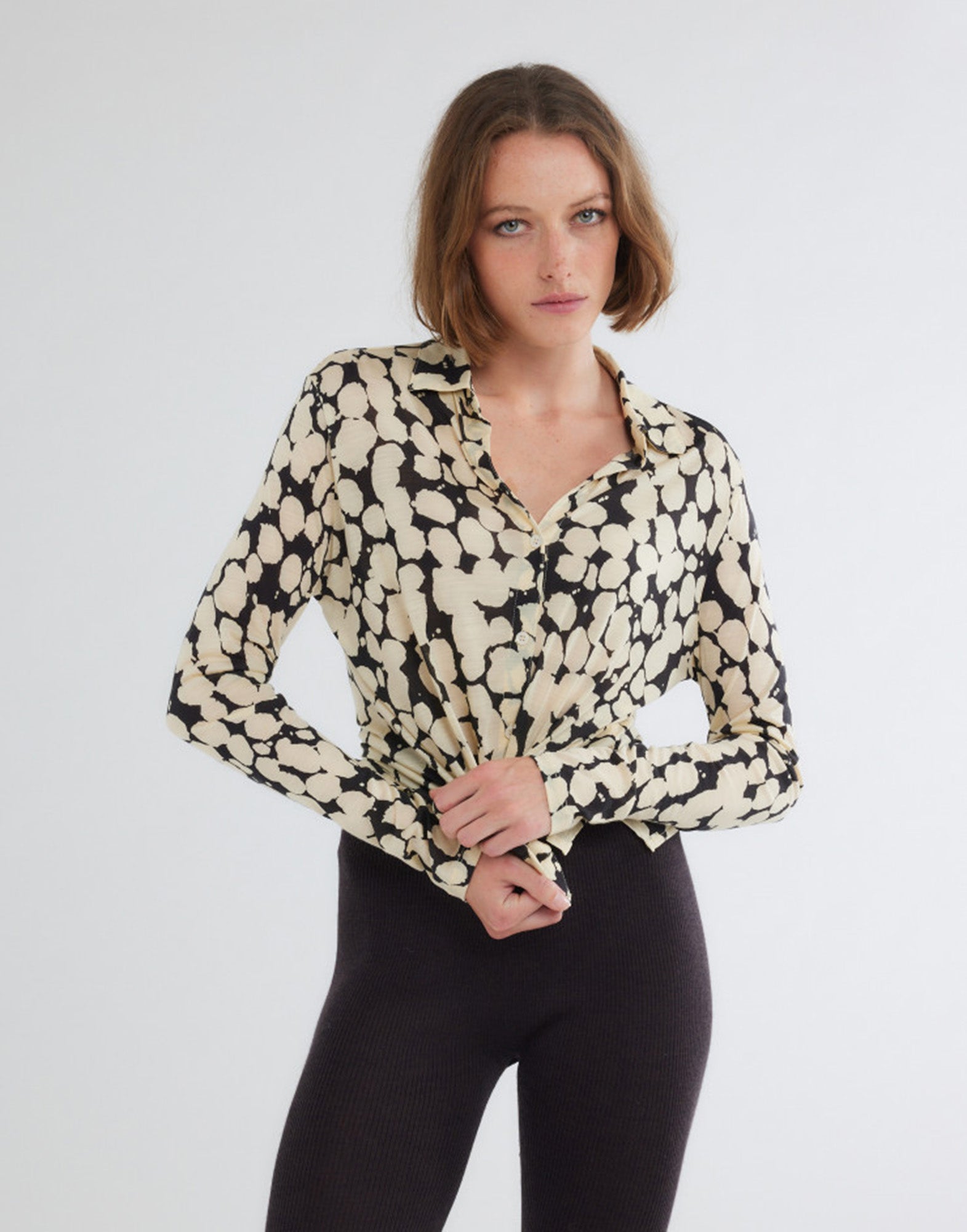 MAJESTIC FILATURES Camicia a Maniche Lunghe in Lyocel/Lana Vergine Noir/Milk