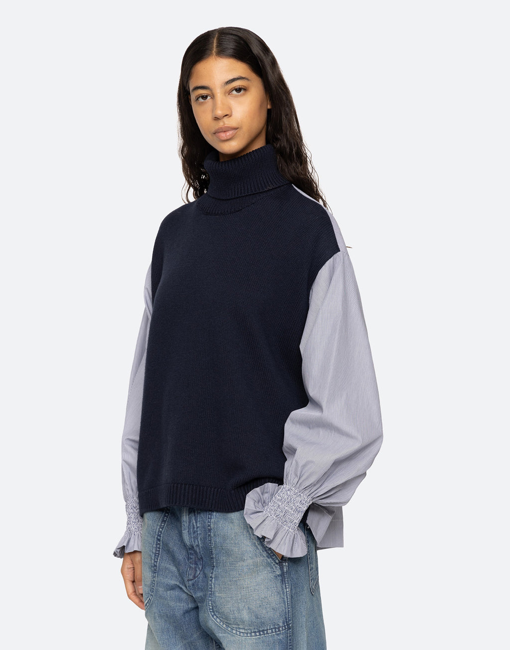 SEA NY Maglione Camicia a Collo Alto Navy