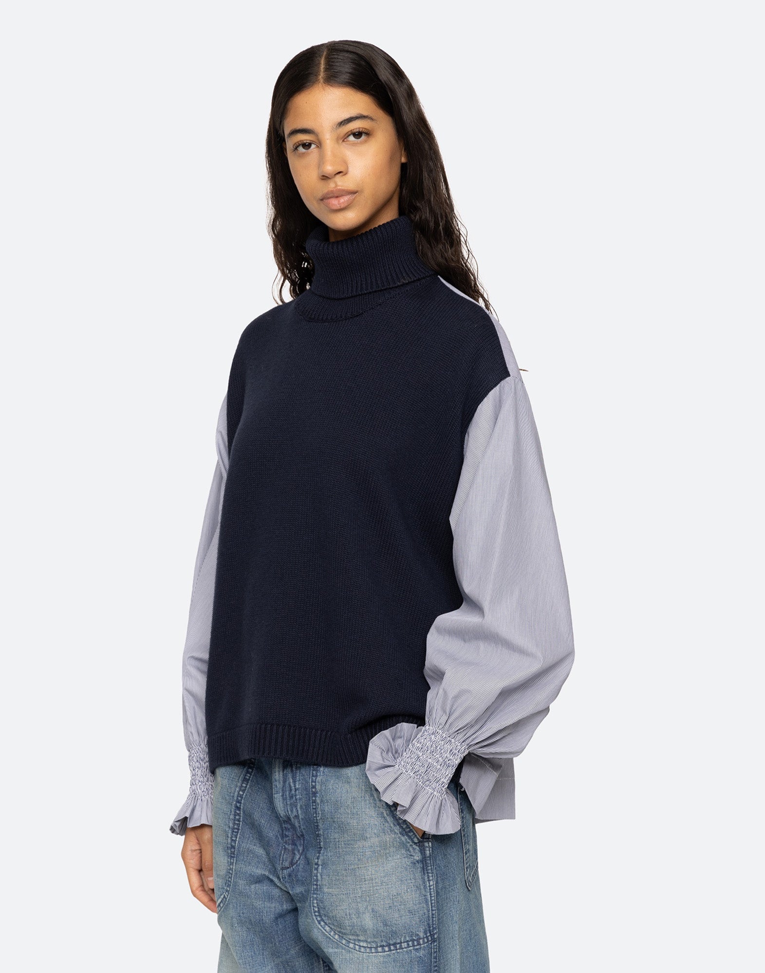 SEA NY Maglione Camicia a Collo Alto Navy