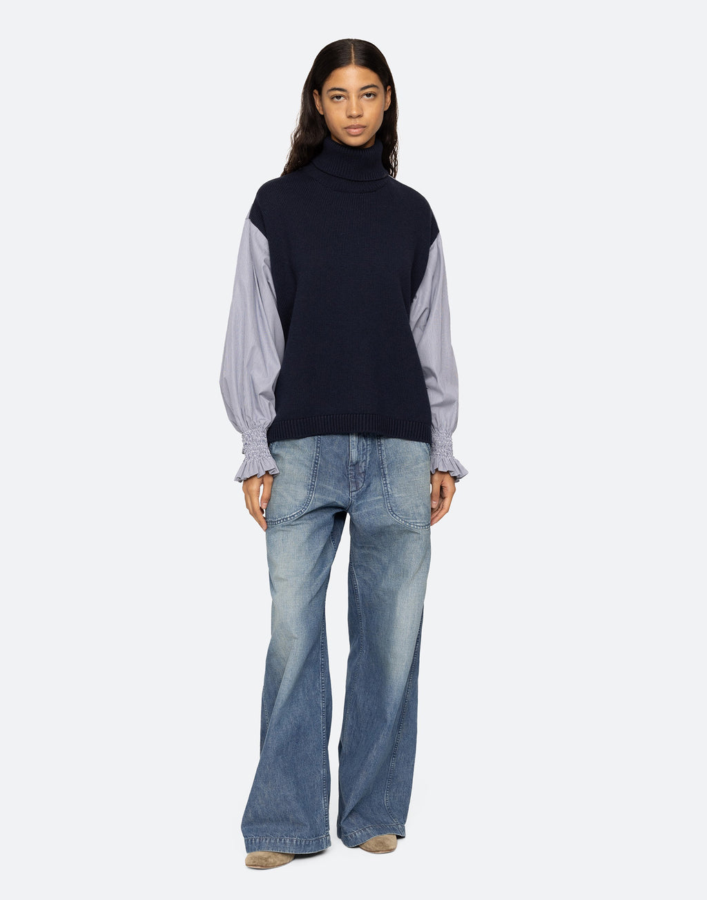 SEA NY Maglione Camicia a Collo Alto Navy