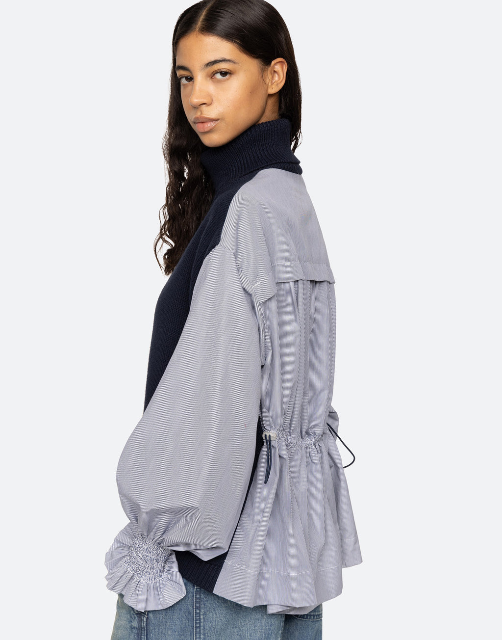 SEA NY Maglione Camicia a Collo Alto Navy