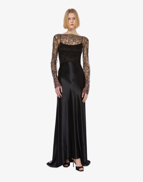 ALBERTA FERRETTI Robe longue en satin brillant et dentelle noire