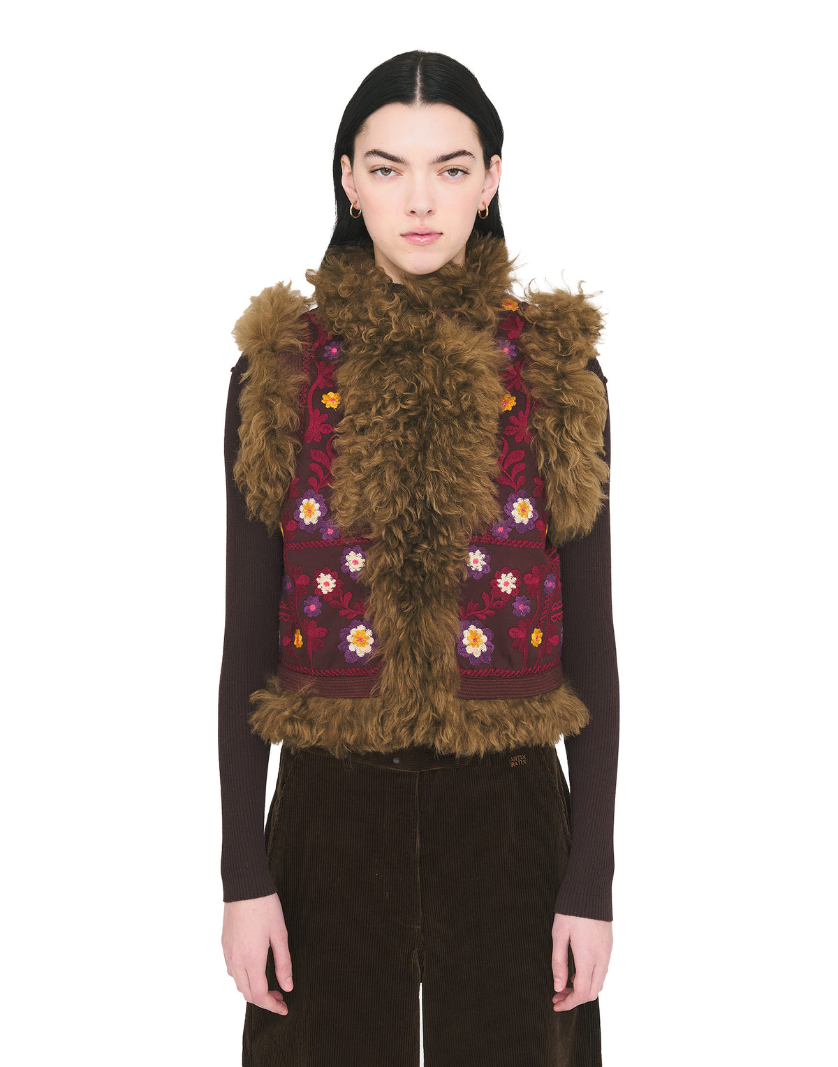 ANTIK BATIK Magyar Gilet in Lana con Ricami in Filo di Cotone Burgundy