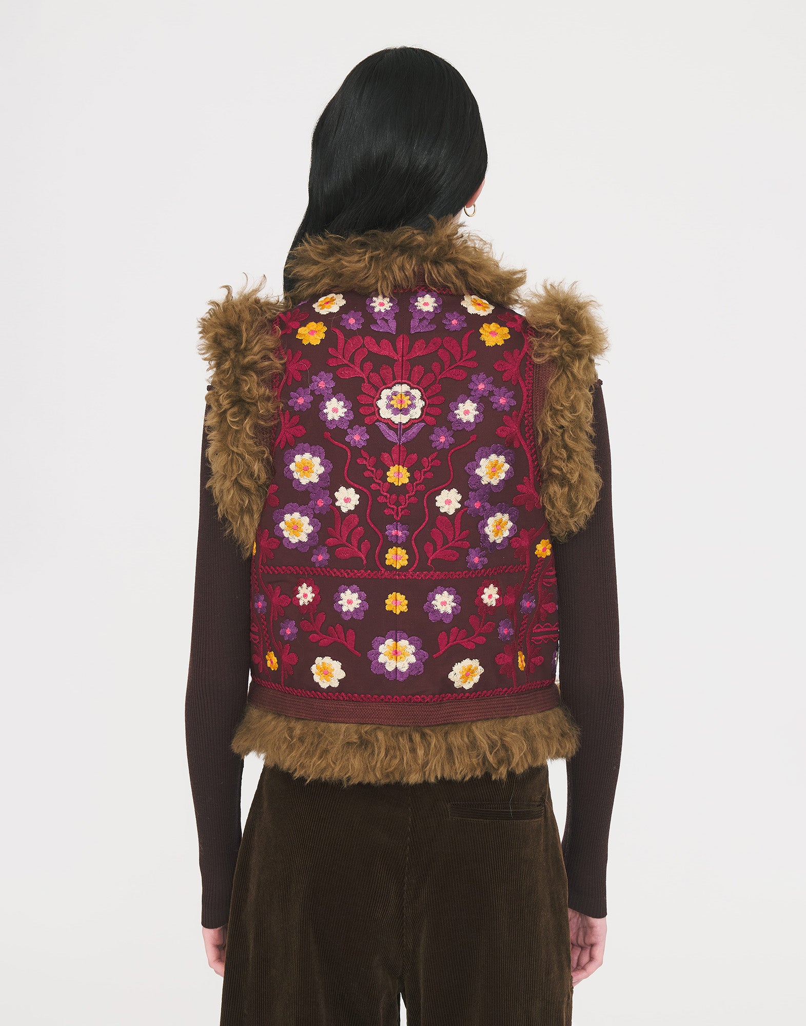 ANTIK BATIK Magyar Gilet in Lana con Ricami in Filo di Cotone Burgundy