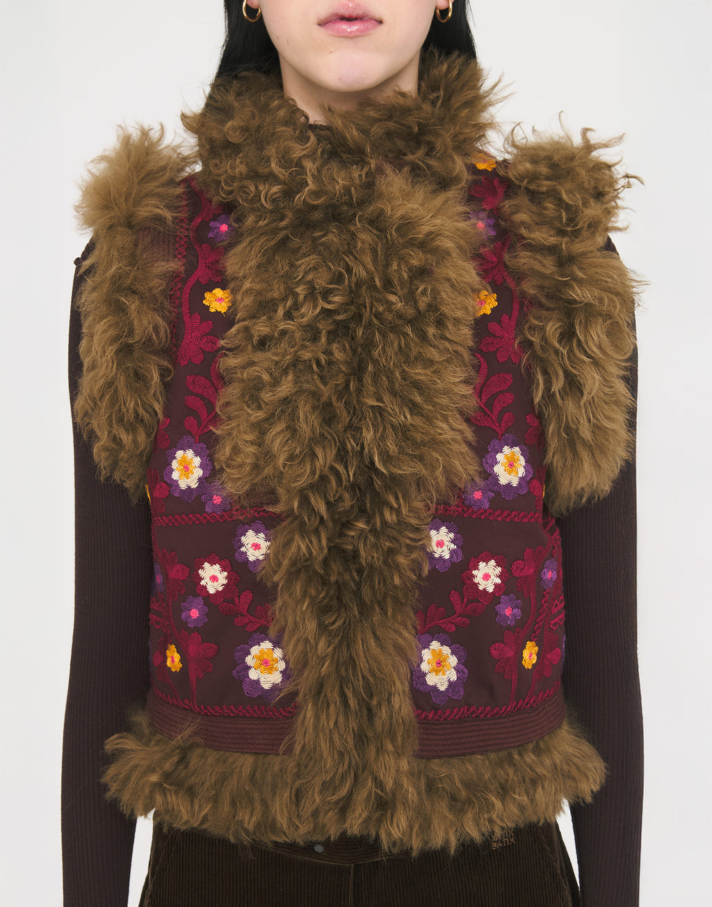 ANTIK BATIK Magyar Gilet in Lana con Ricami in Filo di Cotone Burgundy