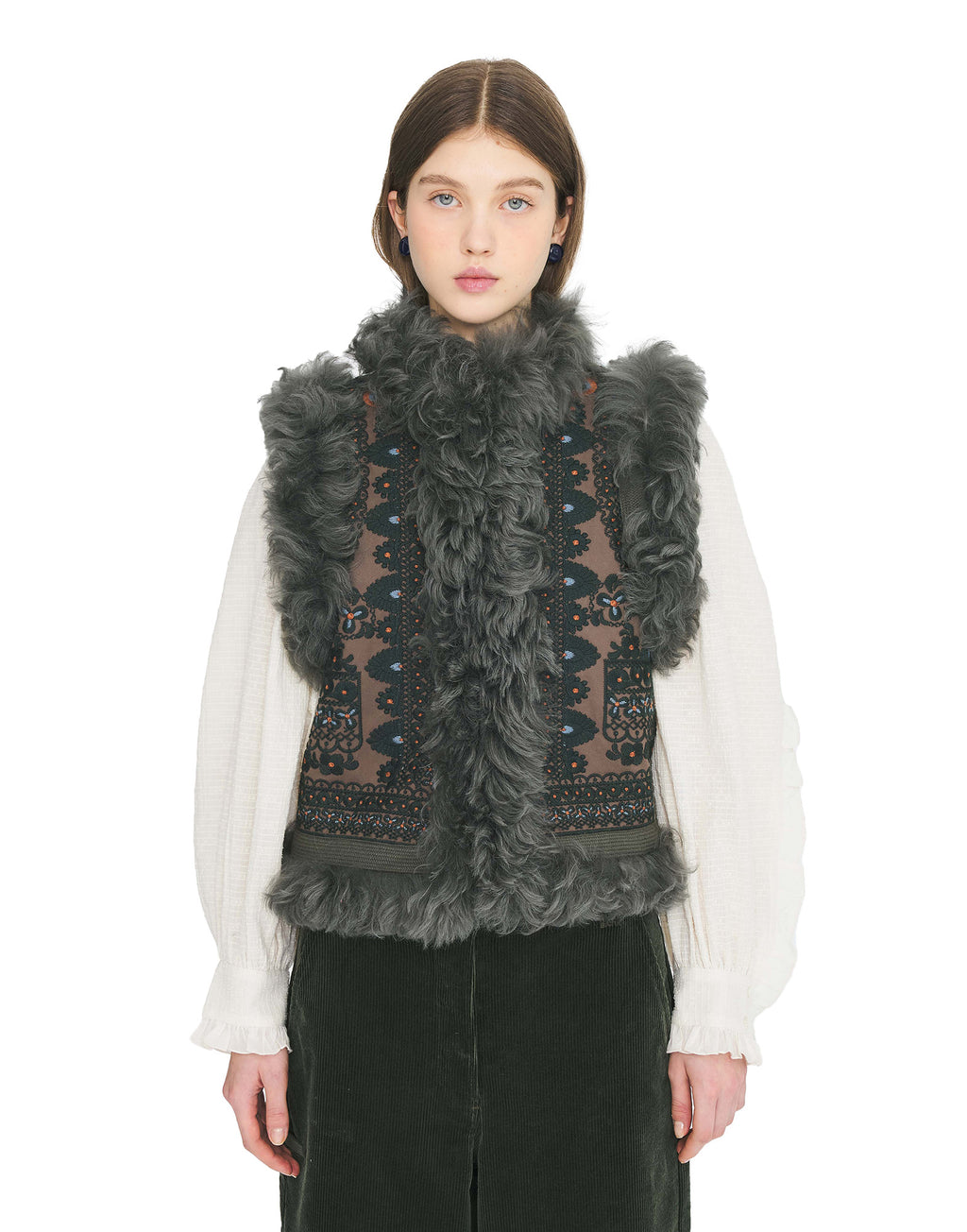 ANTIK BATIK Sandora Gilet in Cotone Ricamato e Bordo in Pelliccia Kaki