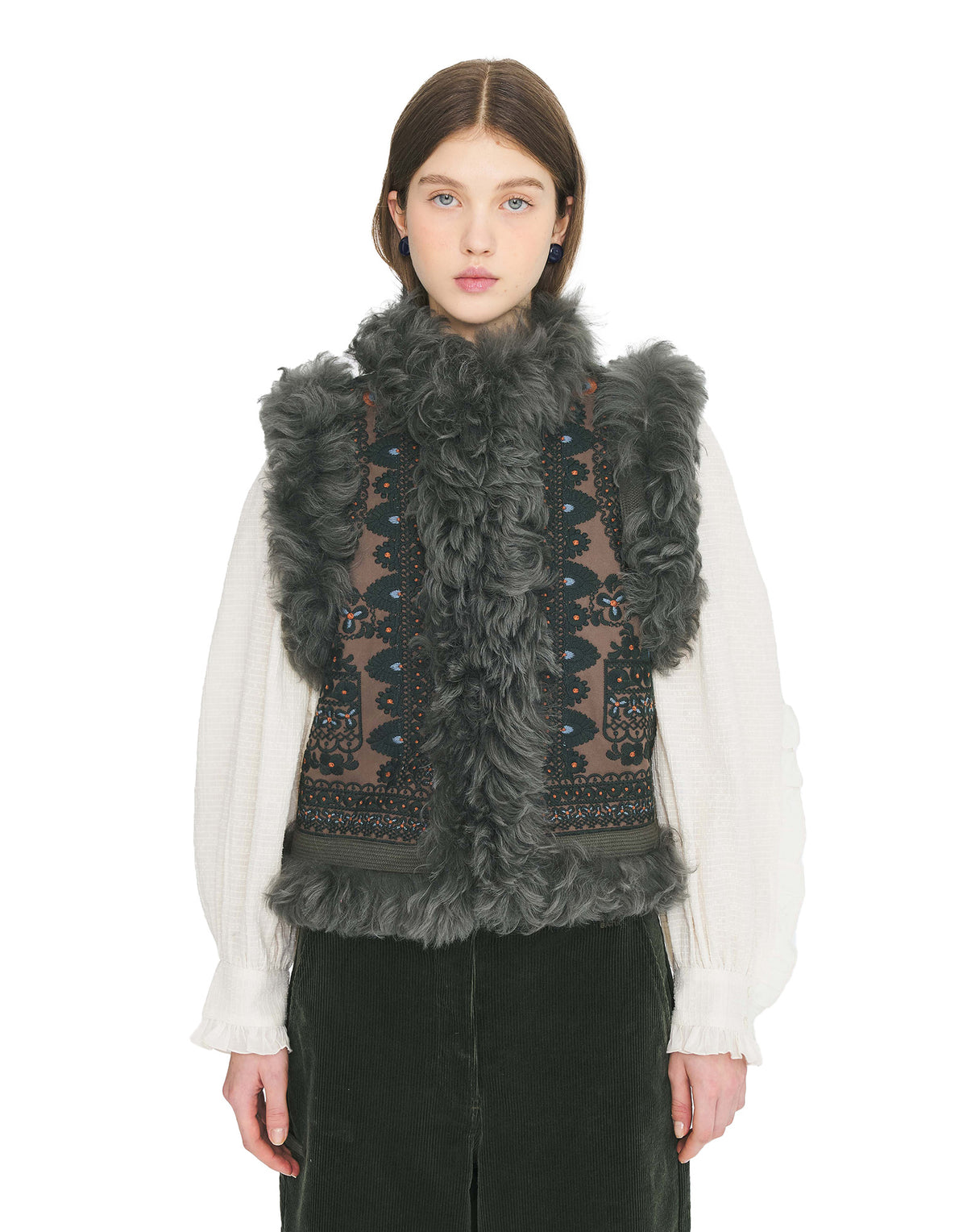 ANTIK BATIK Sandora Gilet in Cotone Ricamato e Bordo in Pelliccia Kaki