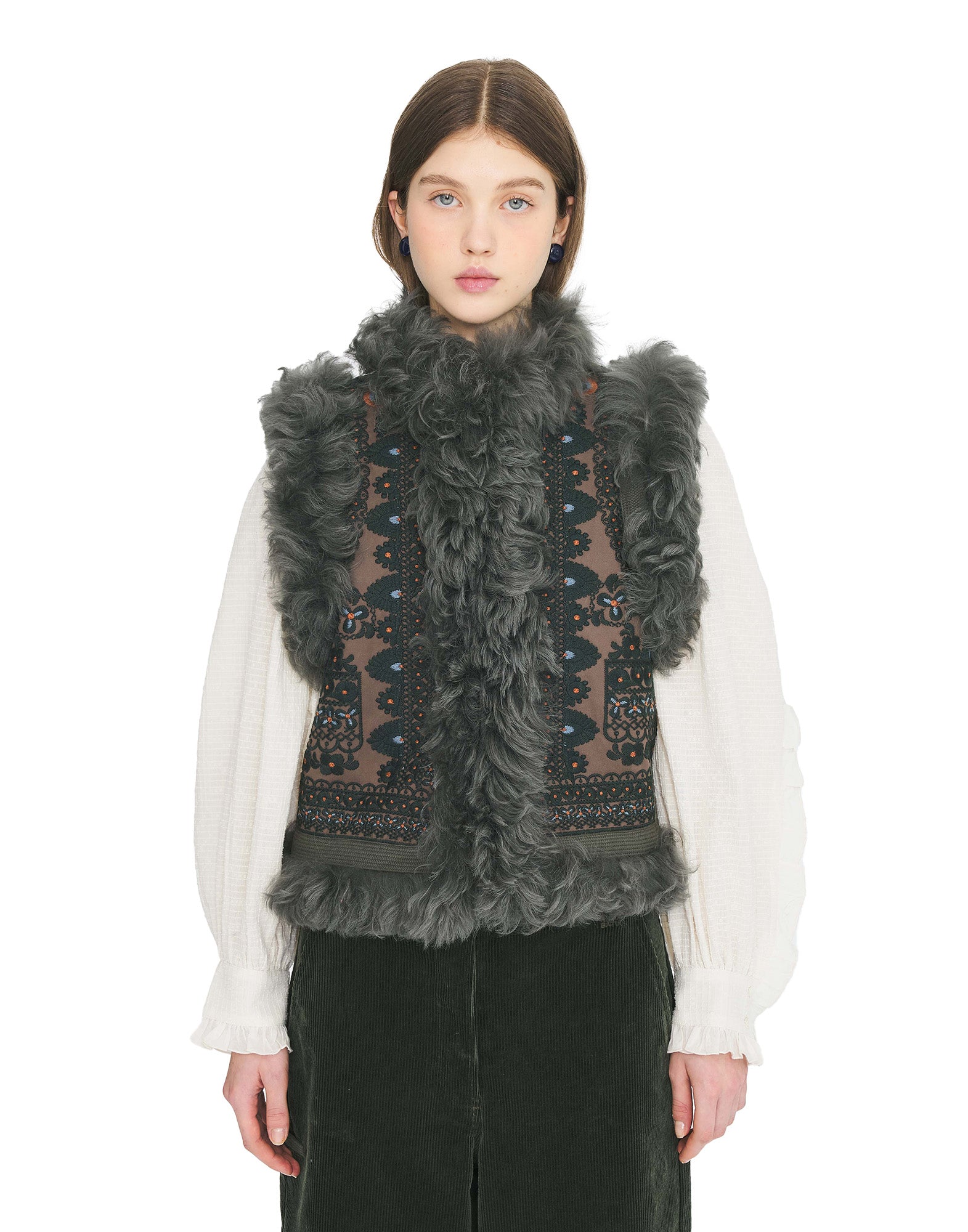 ANTIK BATIK Sandora Gilet in Cotone Ricamato e Bordo in Pelliccia Kaki