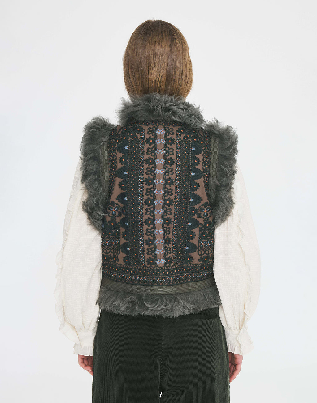 ANTIK BATIK Sandora Gilet in Cotone Ricamato e Bordo in Pelliccia Kaki