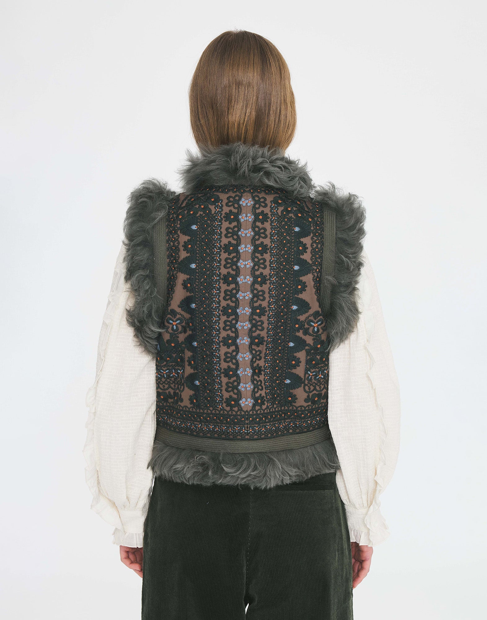 ANTIK BATIK Sandora Gilet in Cotone Ricamato e Bordo in Pelliccia Kaki