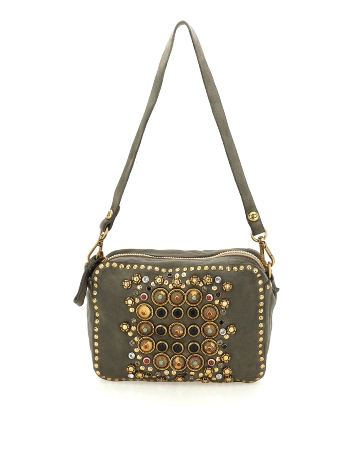 CAMPOMAGGI Camera Bag in Pelle con Borchie e Strass Cemento