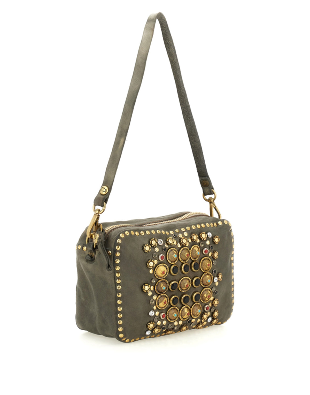 CAMPOMAGGI Camera Bag in Pelle con Borchie e Strass Cemento