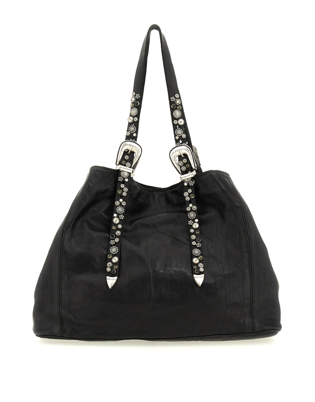 CAMPOMAGGI Shopping Bag in Pelle con Borchie e Strass Nera
