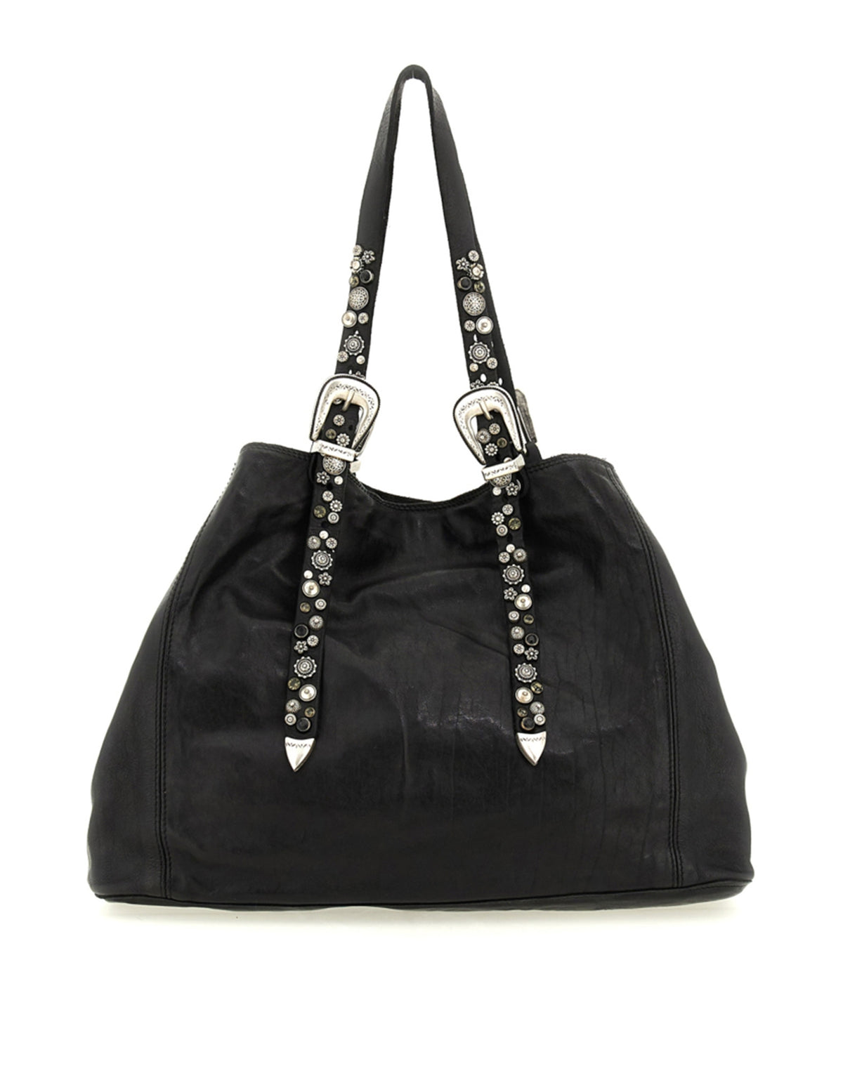 CAMPOMAGGI Shopping Bag in Pelle con Borchie e Strass Nera
