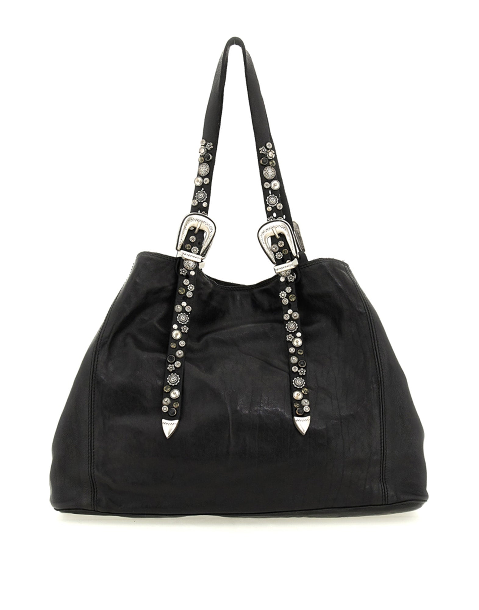 CAMPOMAGGI Shopping Bag in Pelle con Borchie e Strass Nera
