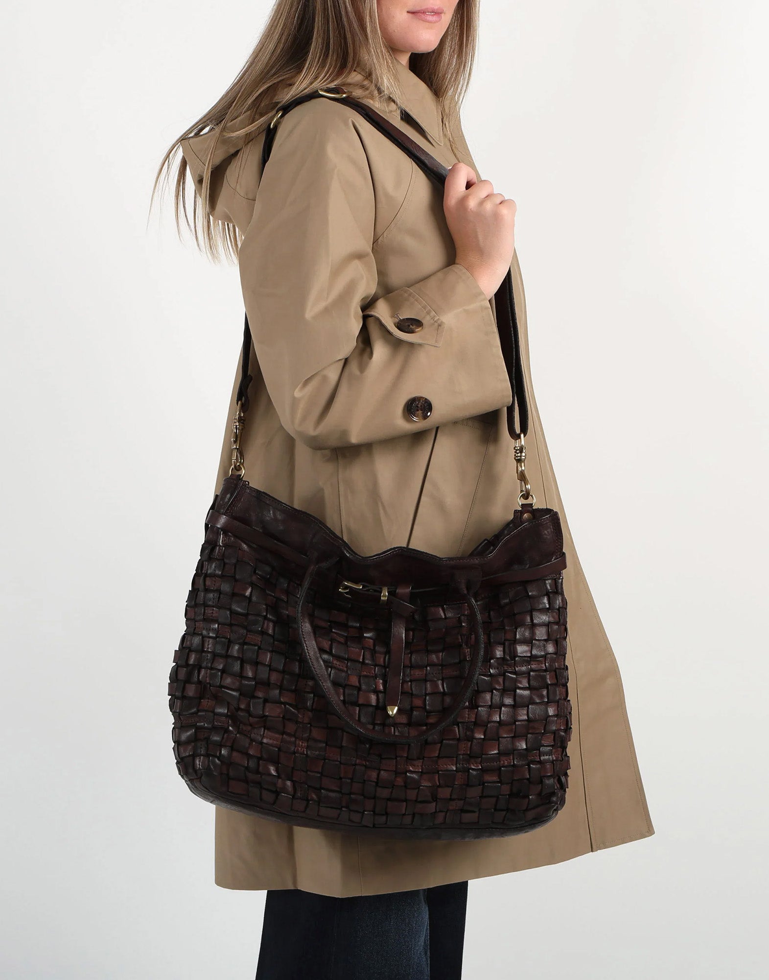 CAMPOMAGGI Shopping Maxi in Pelle Intrecciata Moro