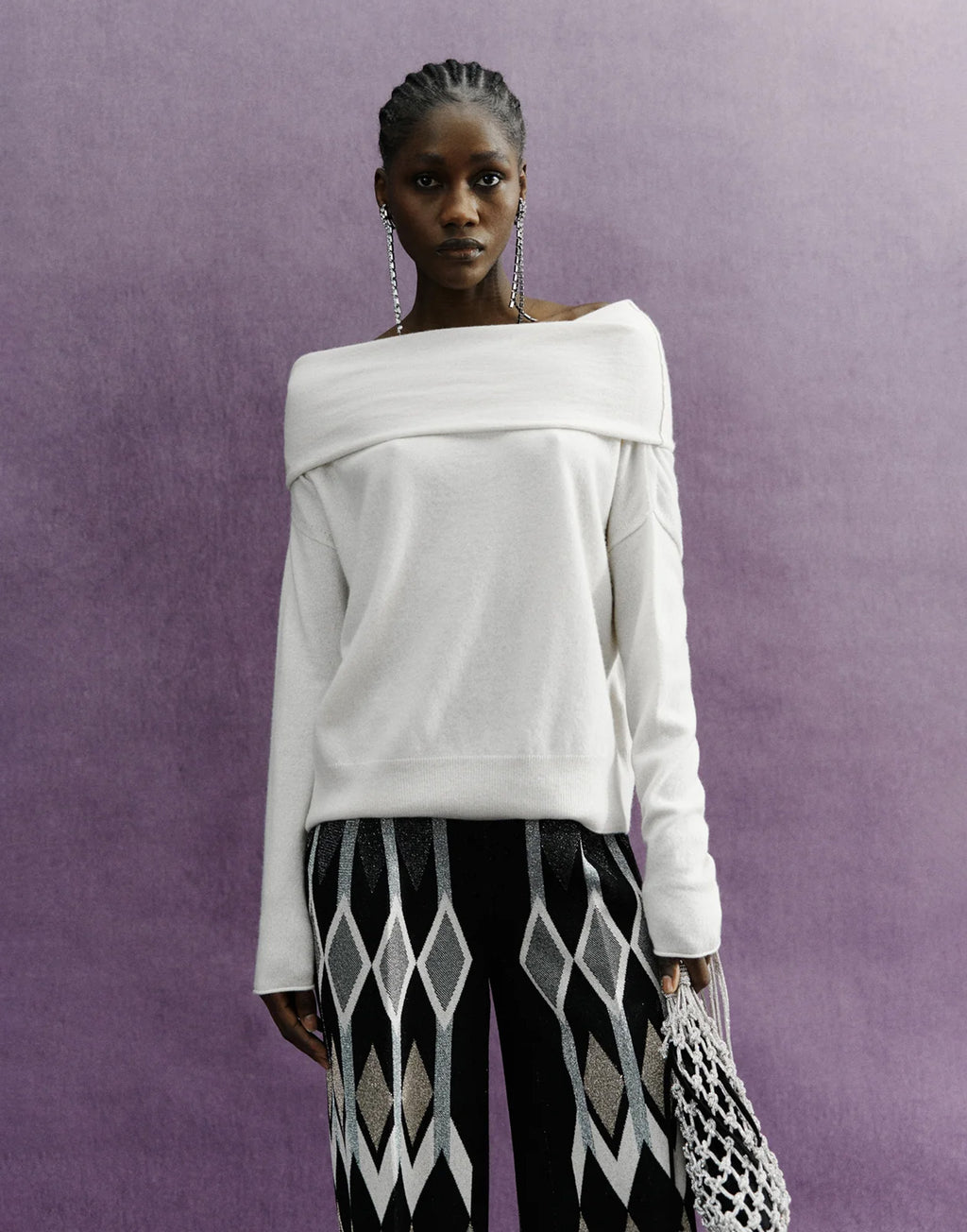 CIRCUS HOTEL Maglia in Cashmere con Scollo alla Bardot Panna