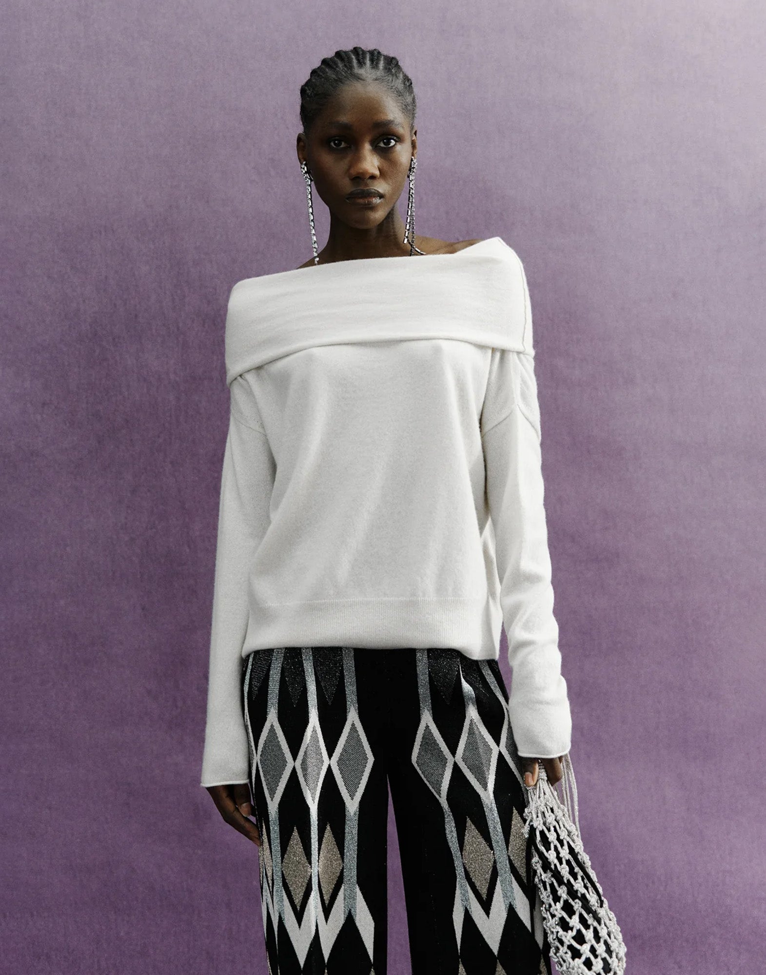 CIRCUS HOTEL Maglia in Cashmere con Scollo alla Bardot Panna