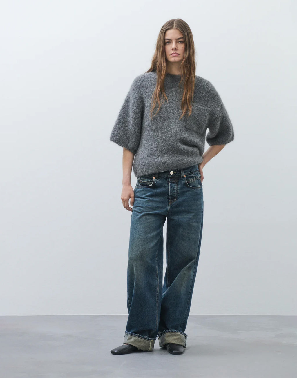 CLOSED Maglione a Maniche Corte in Misto Alpaca e Lana Grigio Melange