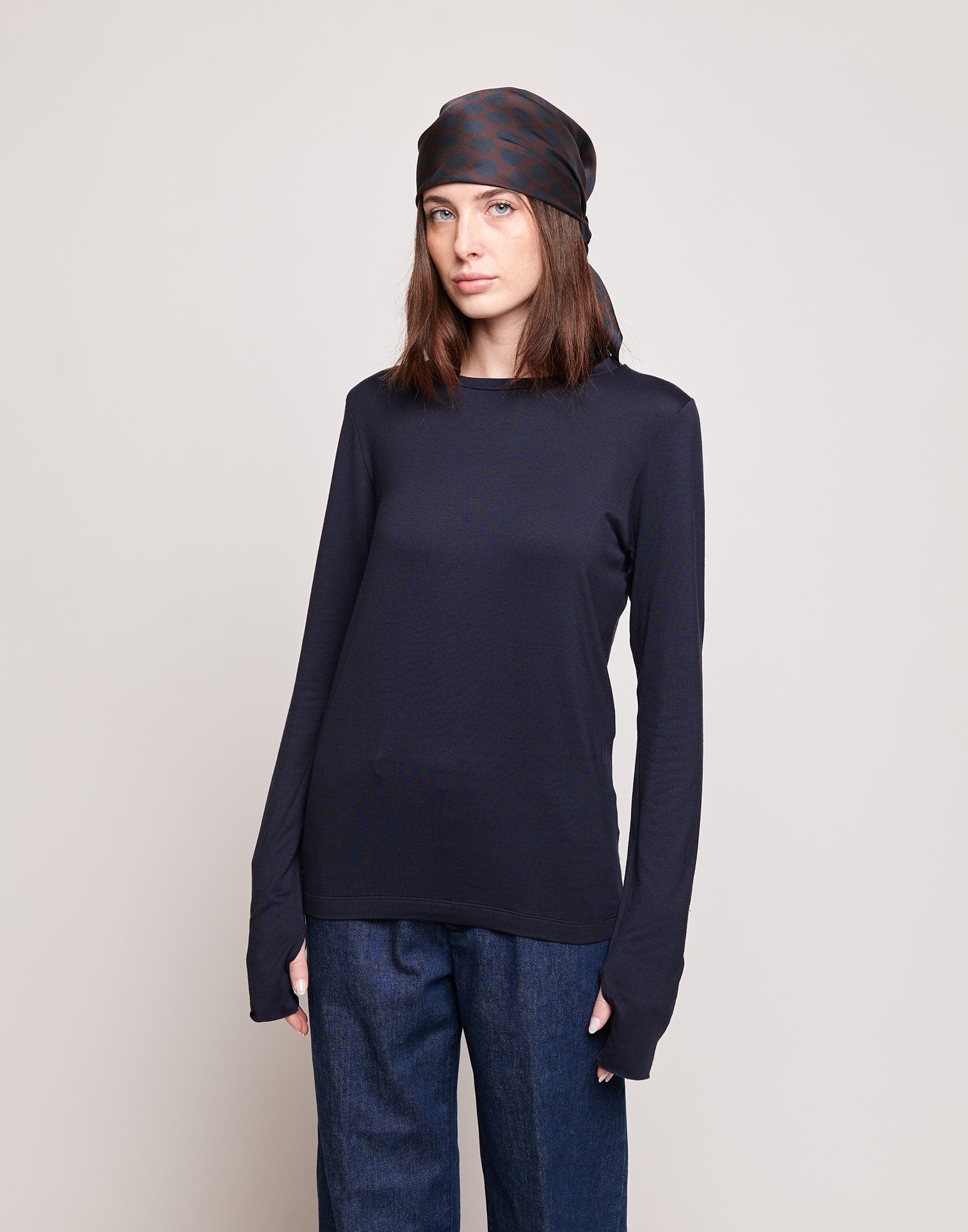 DOUUOD T-shirt a Maniche Lunghe in Jersey di Viscosa Stretch Oltremare