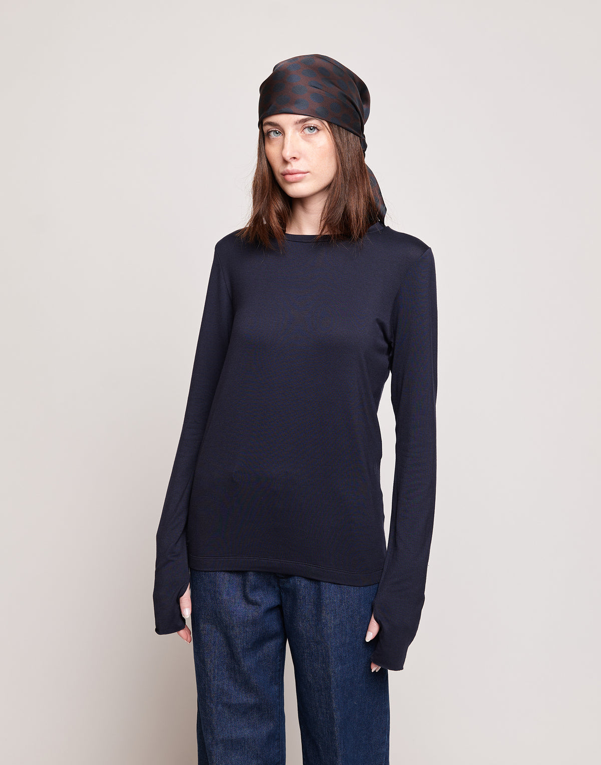 DOUUOD T-shirt a Maniche Lunghe in Jersey di Viscosa Stretch Oltremare