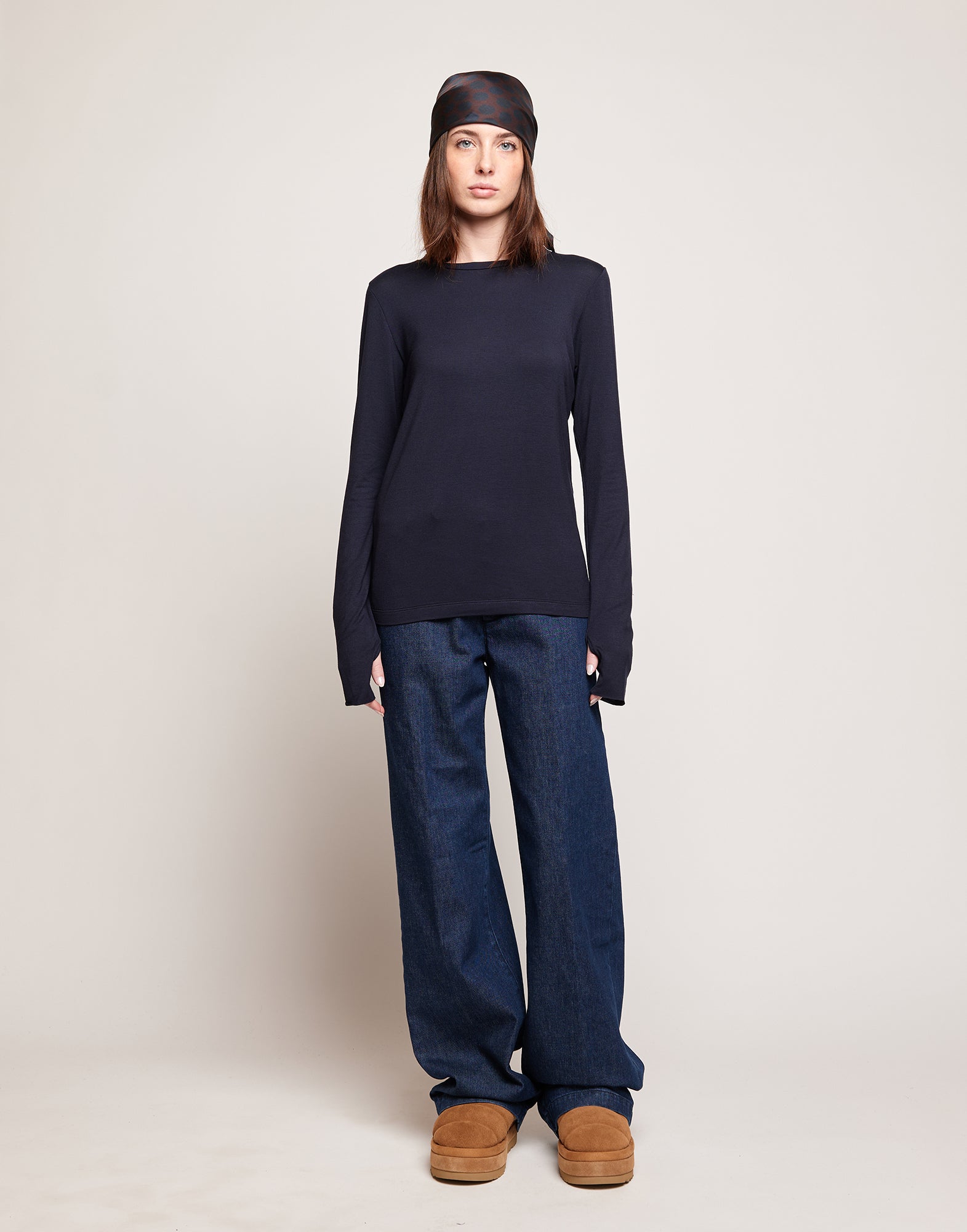 DOUUOD T-shirt a Maniche Lunghe in Jersey di Viscosa Stretch Oltremare