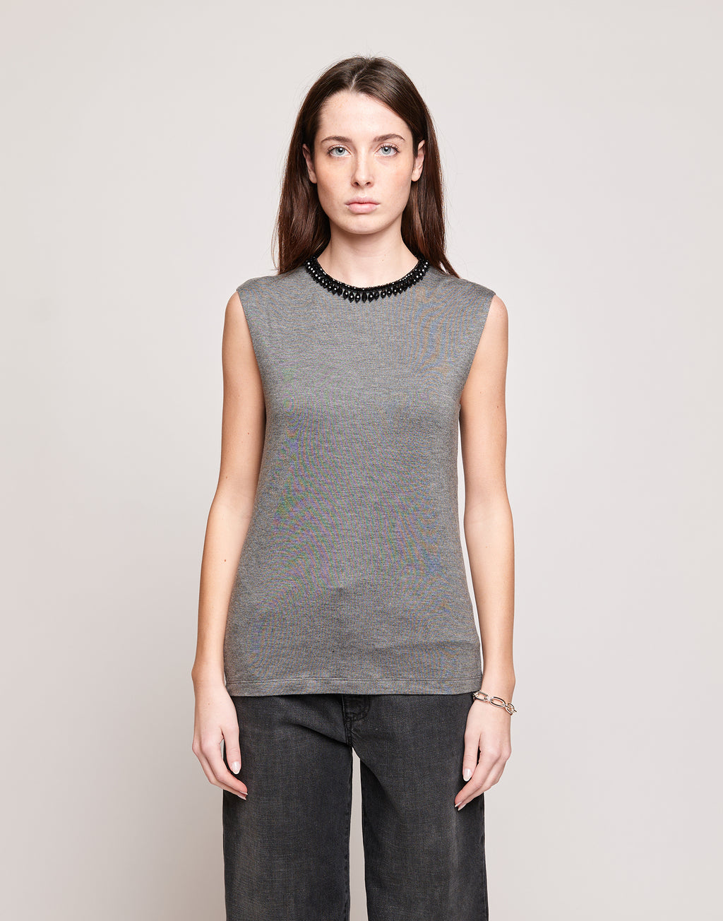 DOUUOD Top Senza Maniche in Jersey di Viscosa Stretch con Dettaglio Gioiello Grigio Melange