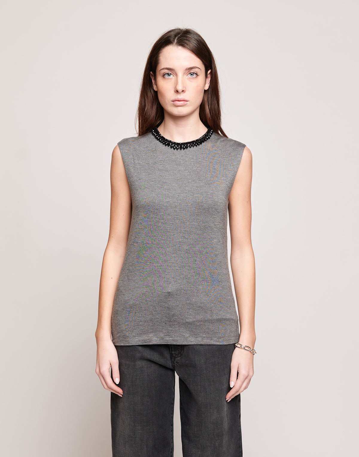 DOUUOD Top Senza Maniche in Jersey di Viscosa Stretch con Dettaglio Gioiello Grigio Melange