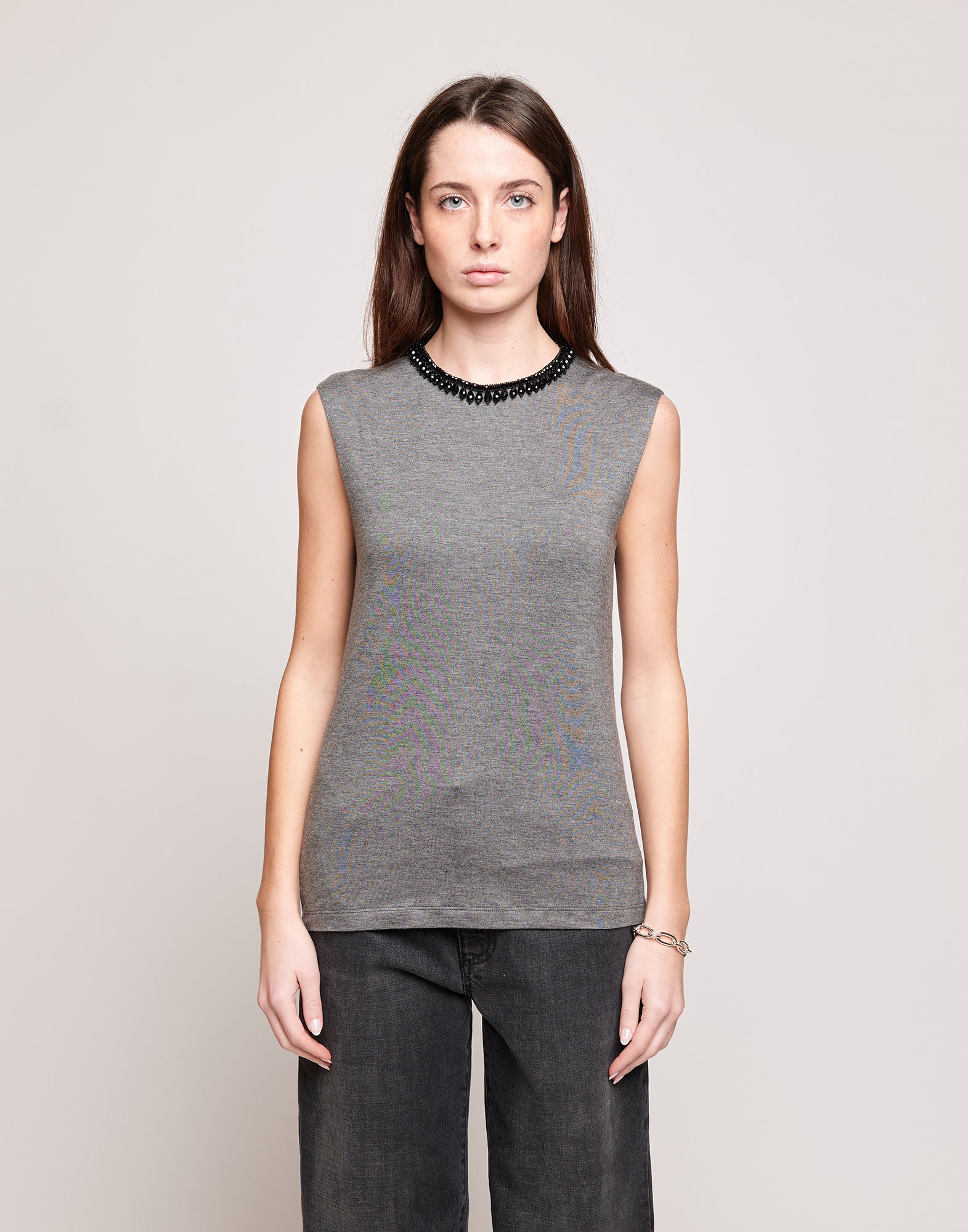 DOUUOD Top Senza Maniche in Jersey di Viscosa Stretch con Dettaglio Gioiello Grigio Melange