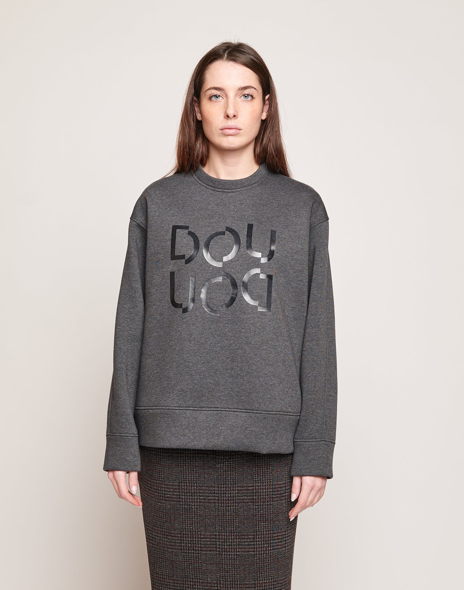 DOUUOD Felpa in Cotone con Logo Frontale Grigio Melange