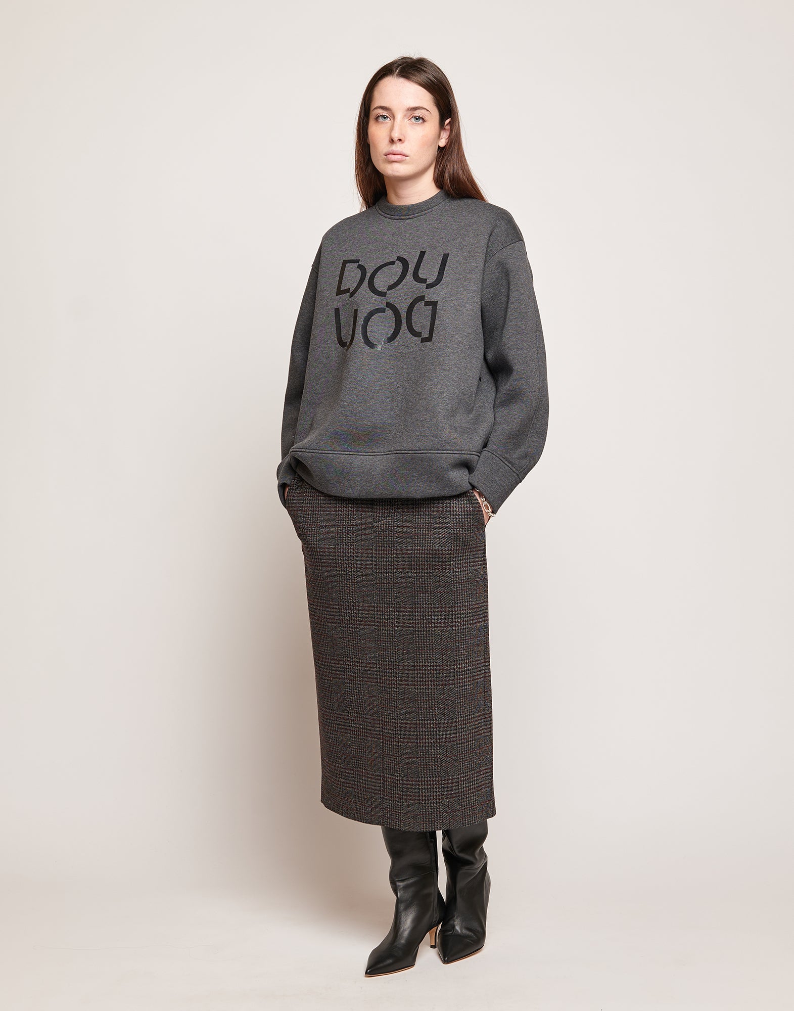 DOUUOD Felpa in Cotone con Logo Frontale Grigio Melange
