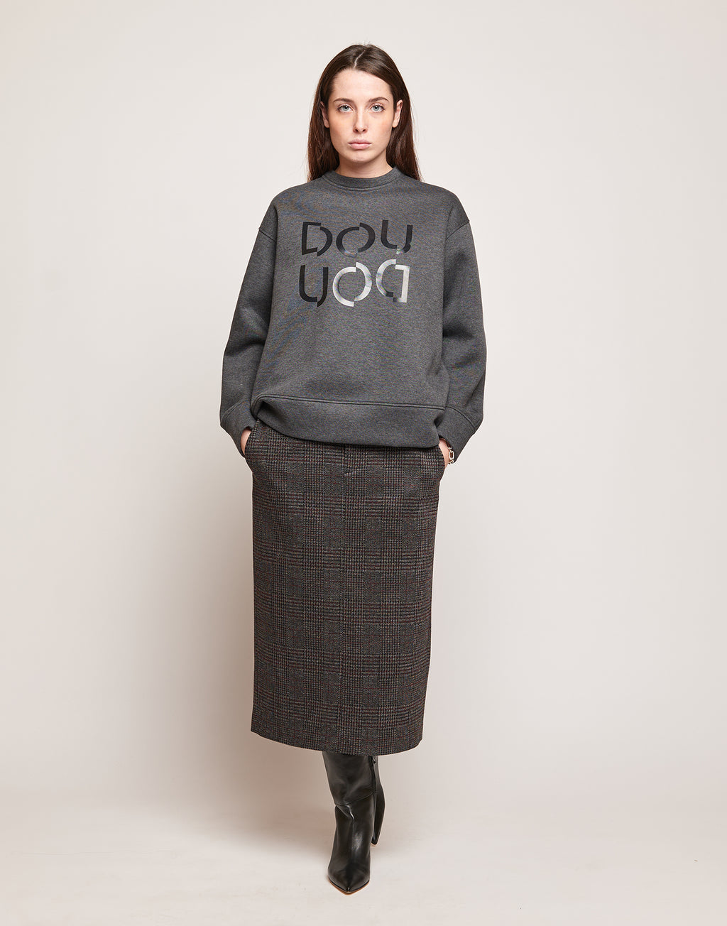 DOUUOD Felpa in Cotone con Logo Frontale Grigio Melange
