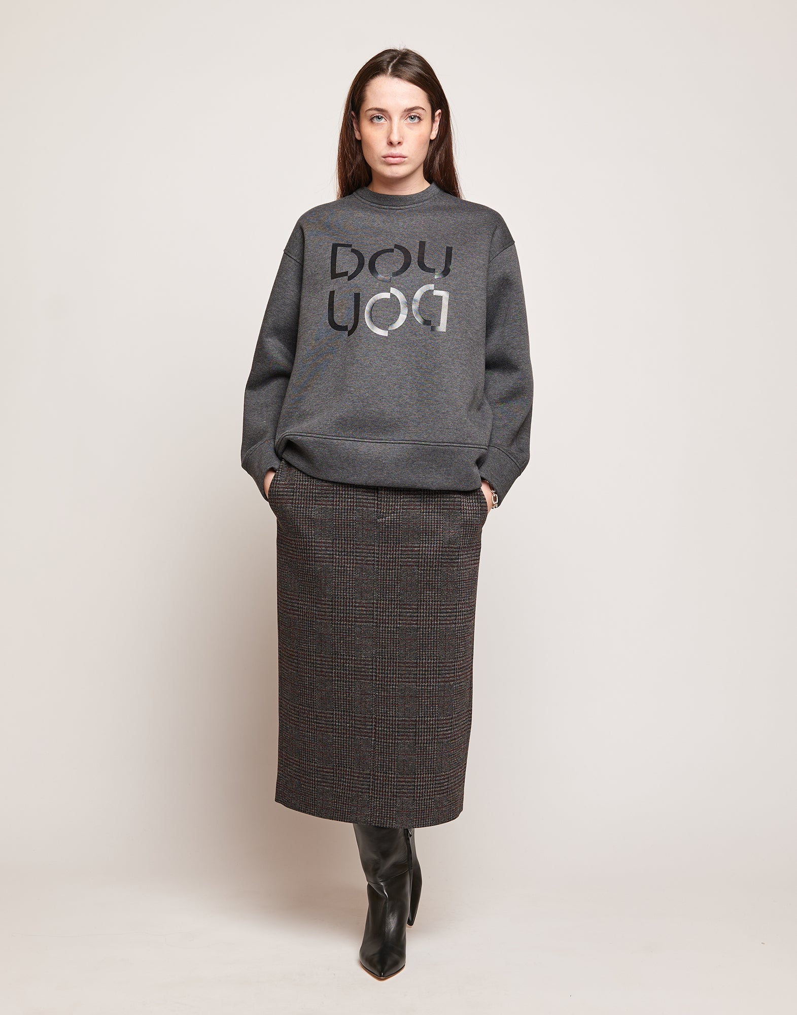 DOUUOD Felpa in Cotone con Logo Frontale Grigio Melange
