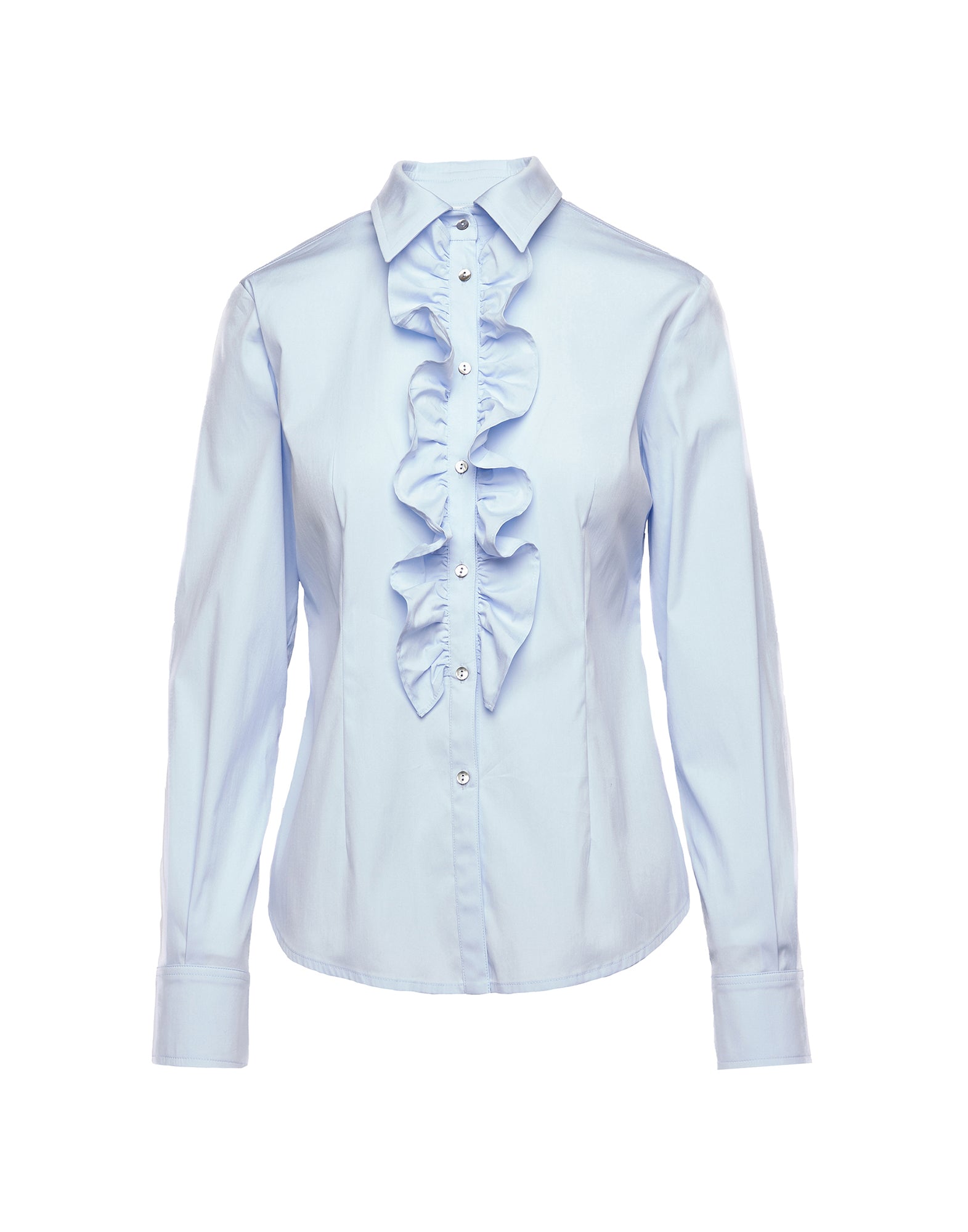 DOUUOD Camicia in Popeline Stretch con Rouches Frontali Celeste