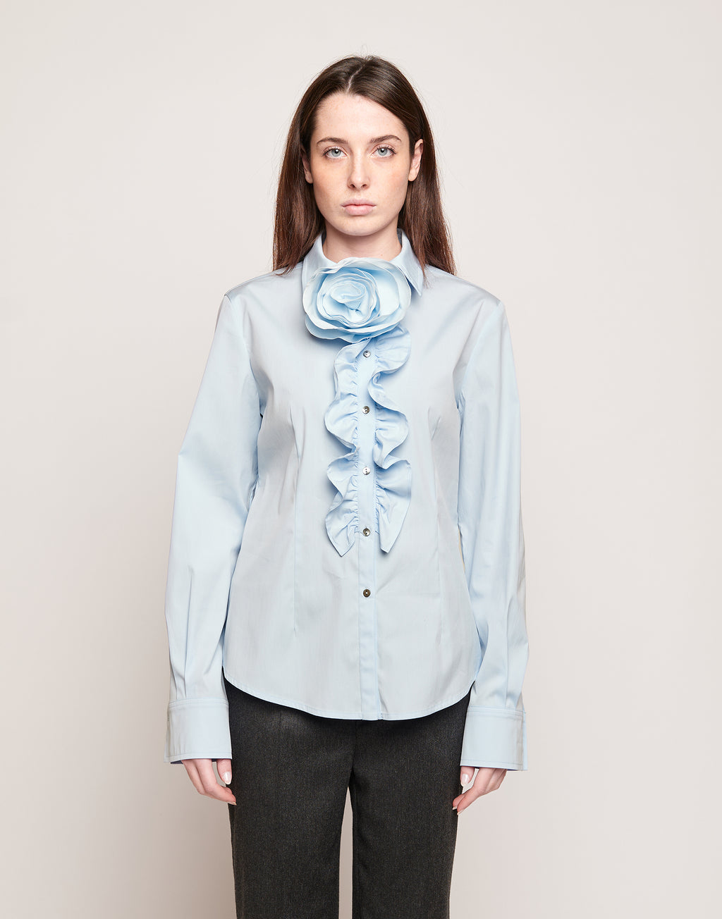 DOUUOD Camicia in Popeline Stretch con Rouches Frontali Celeste