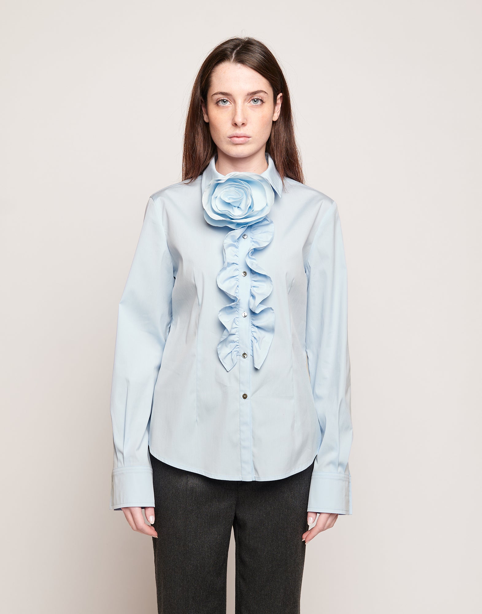 DOUUOD Camicia in Popeline Stretch con Rouches Frontali Celeste