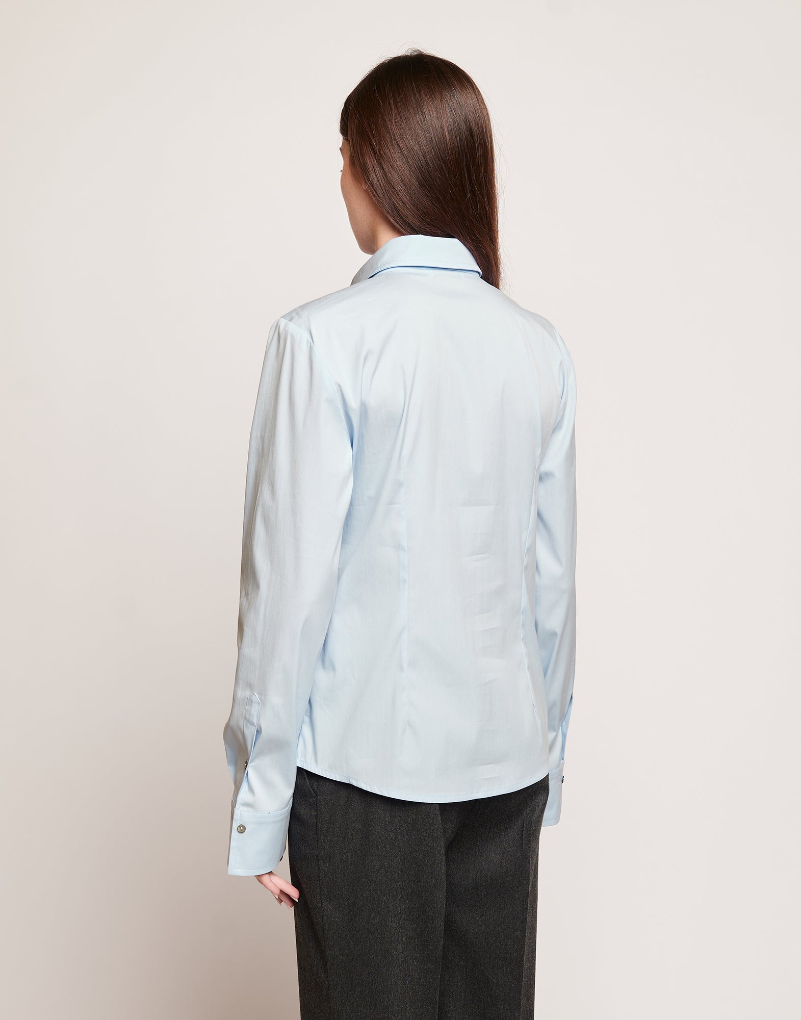 DOUUOD Camicia in Popeline Stretch con Rouches Frontali Celeste