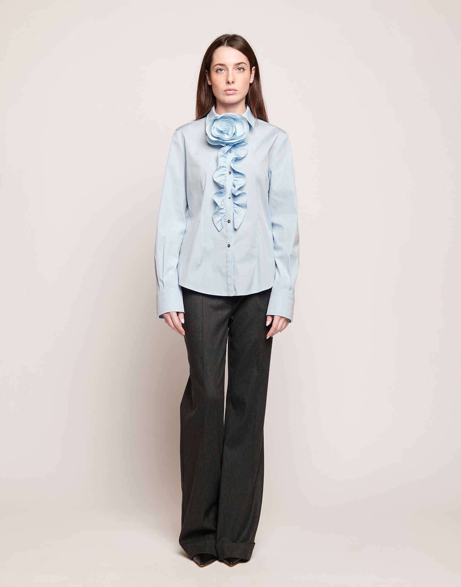 DOUUOD Camicia in Popeline Stretch con Rouches Frontali Celeste