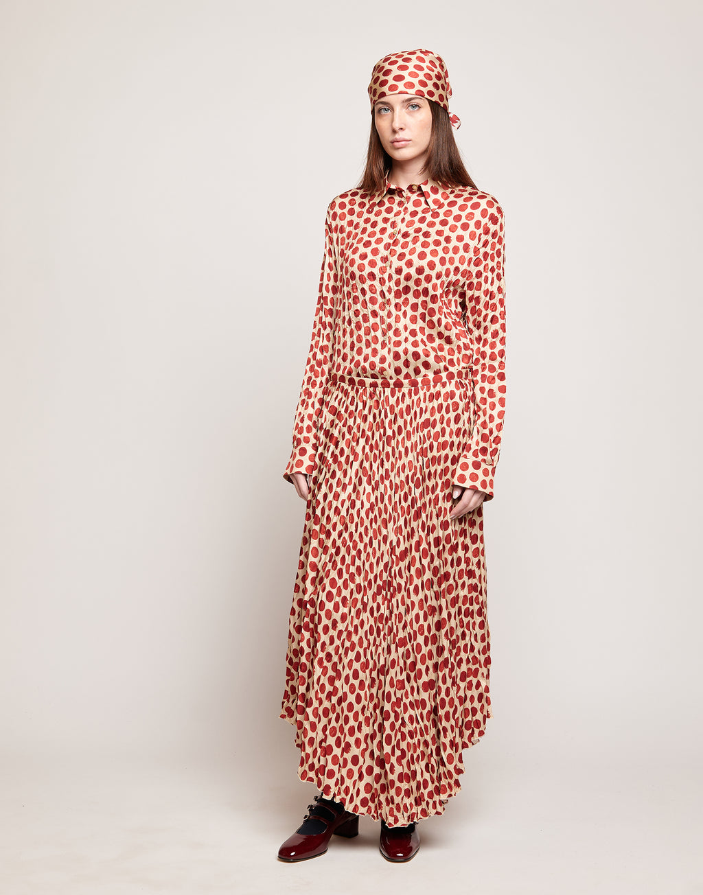 DOUUOD Gonna Lunga Plissé in Twill Stampato a Pois Vaniglia/Cherry
