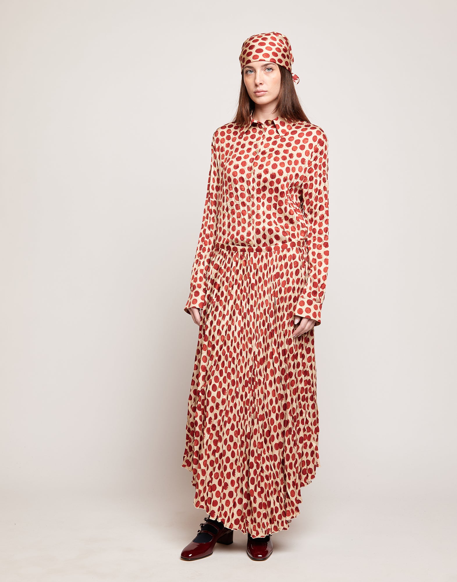DOUUOD Gonna Lunga Plissé in Twill Stampato a Pois Vaniglia/Cherry