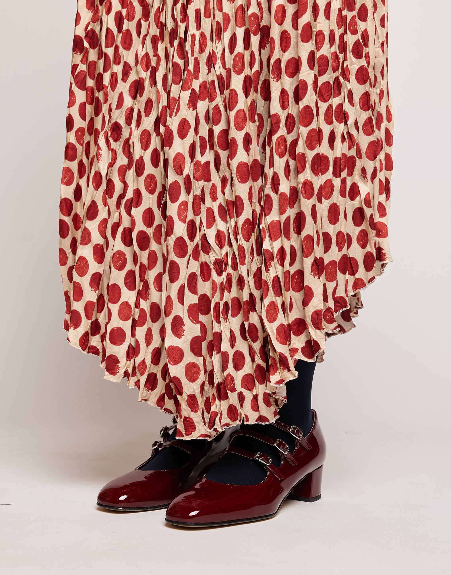 DOUUOD Gonna Lunga Plissé in Twill Stampato a Pois Vaniglia/Cherry