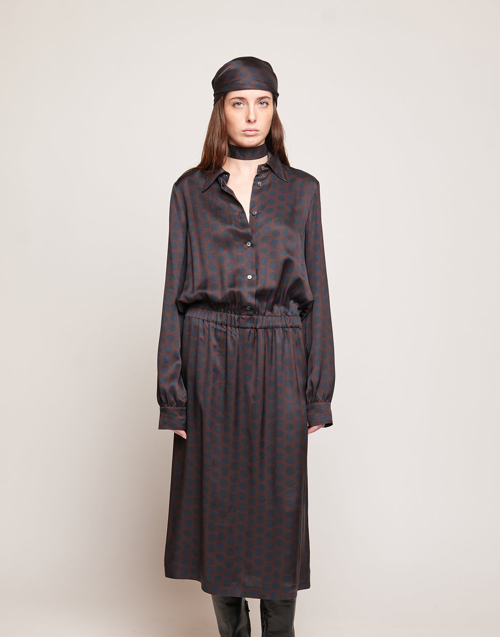 DOUUOD Abito Camicia in Twill Stampato a Pois Moka/Oltremare