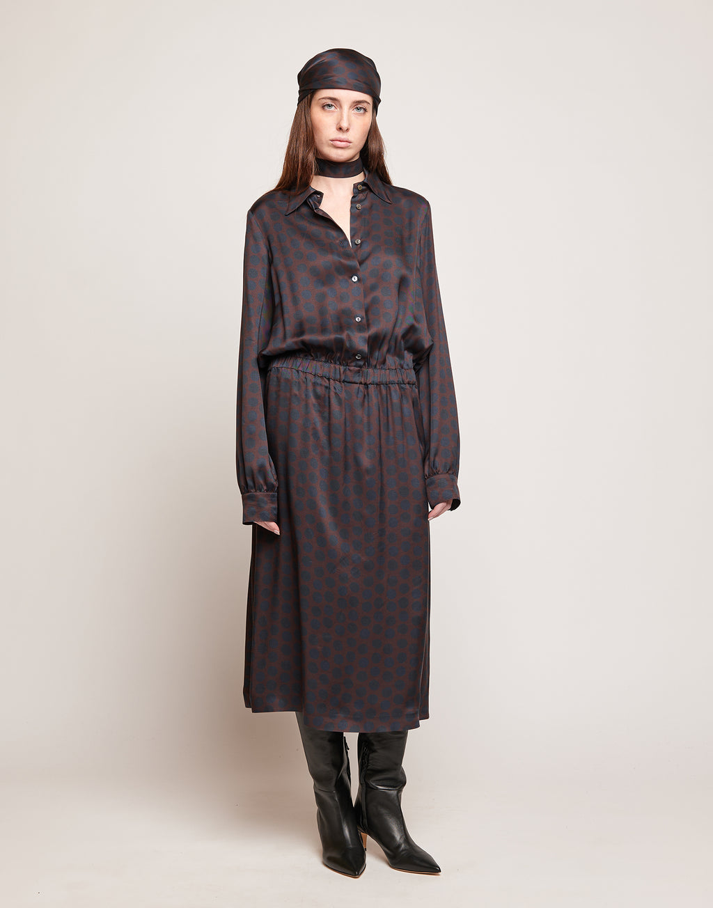 DOUUOD Abito Camicia in Twill Stampato a Pois Moka/Oltremare