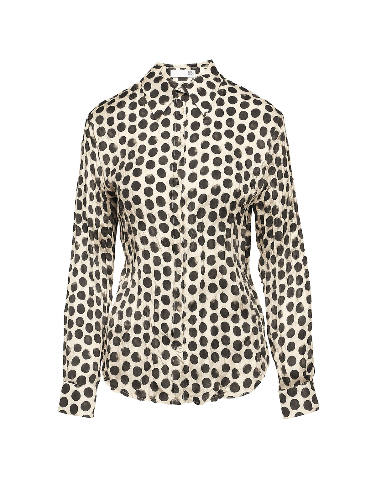 DOUUOD Camicia Stampata a Pois in Twill Plissé Champagne/Nero